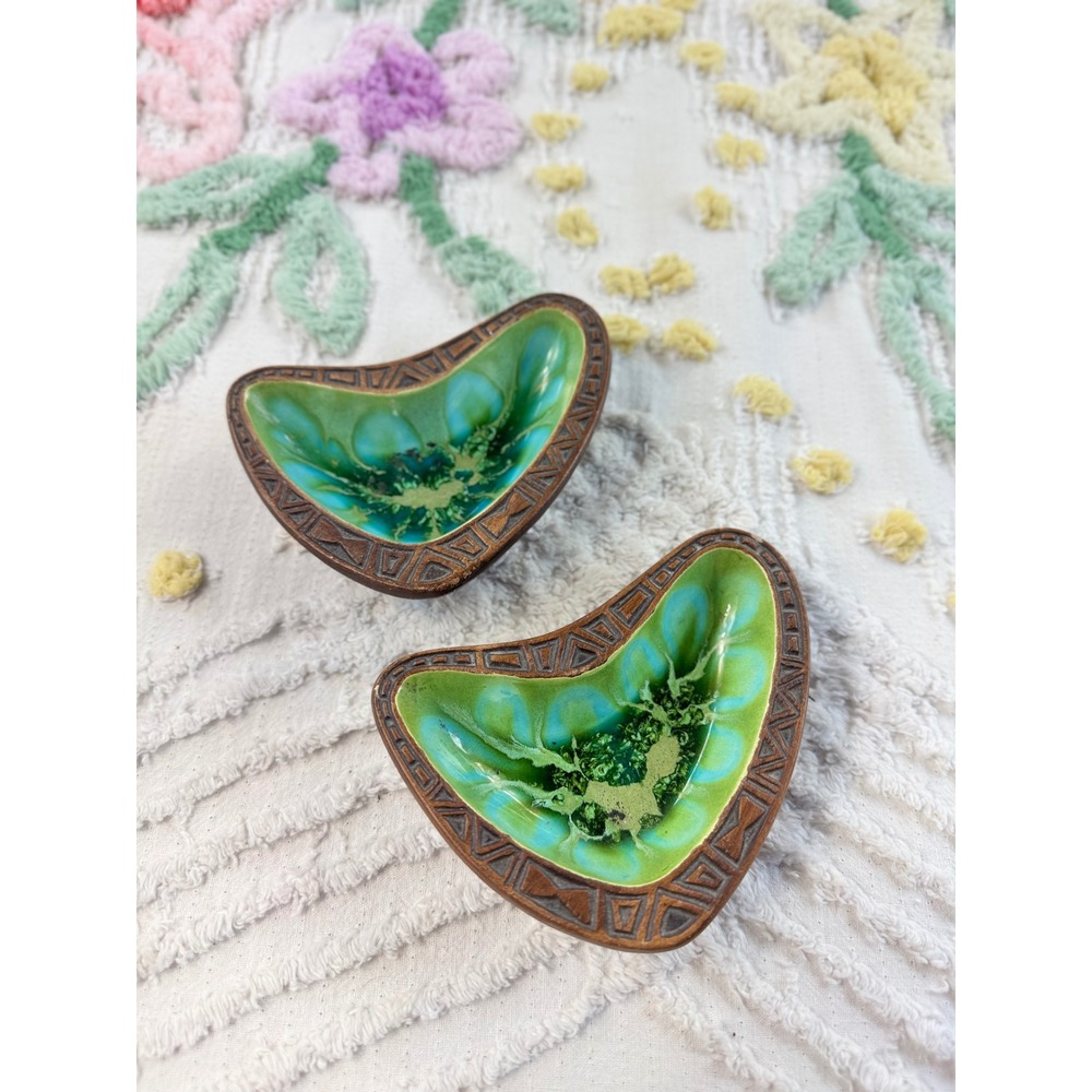 Vintage Treasure Craft USA Boomerang Trinket Dish Set 1960s Green Drip Glaze MCM